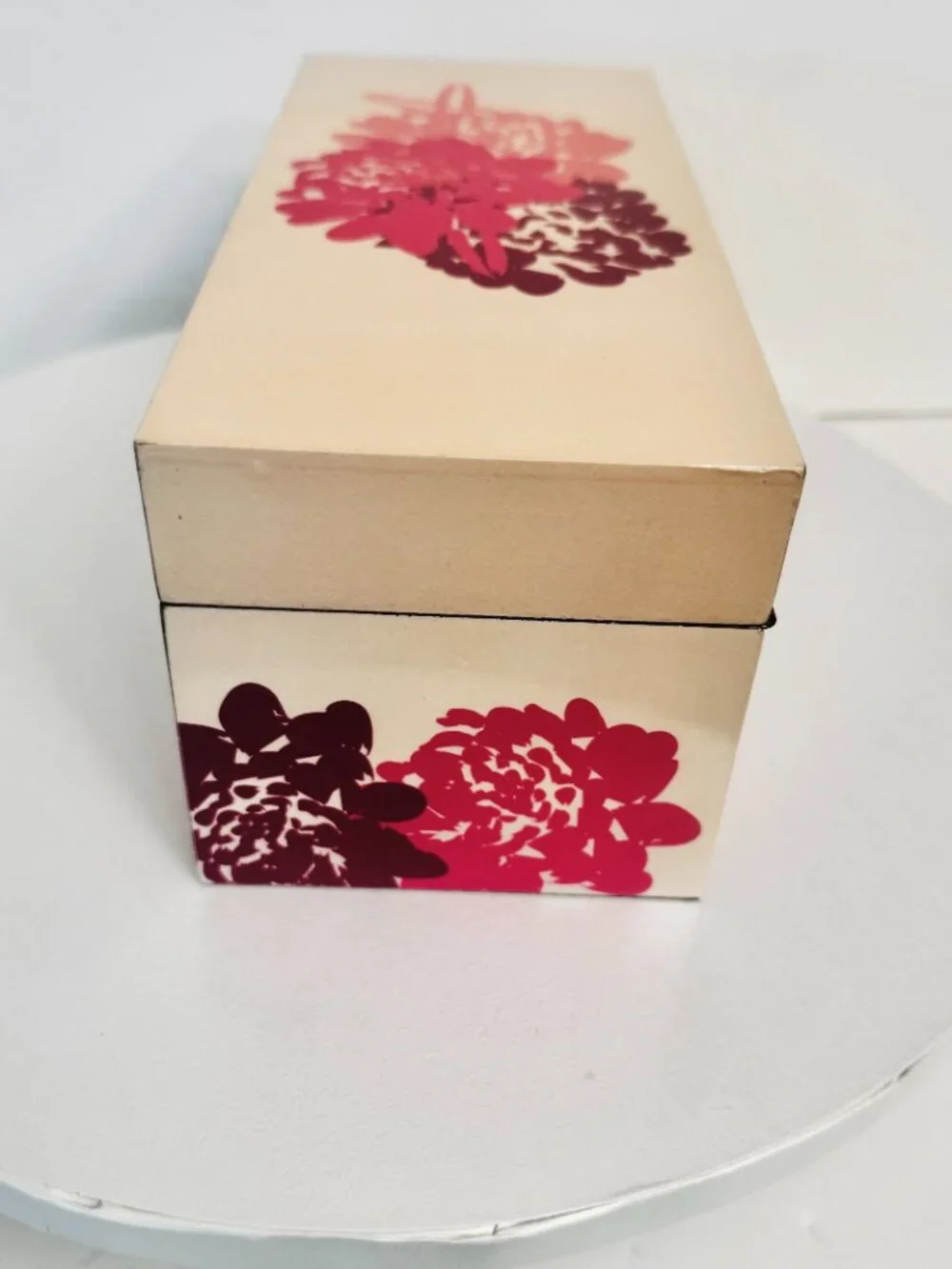 Rectangular Jewelry Box 9x4 Lacquer Floral Tan Pink Black Velvet Lining Box Clas